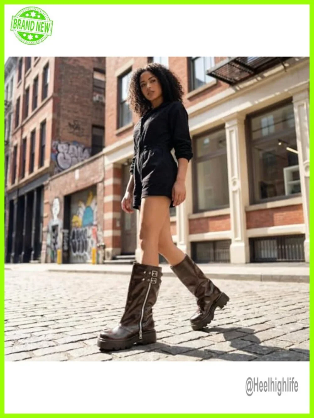 Fold Over Knee High Platform Moto Boots with Buckle Straps Chunky Low Heel Wide